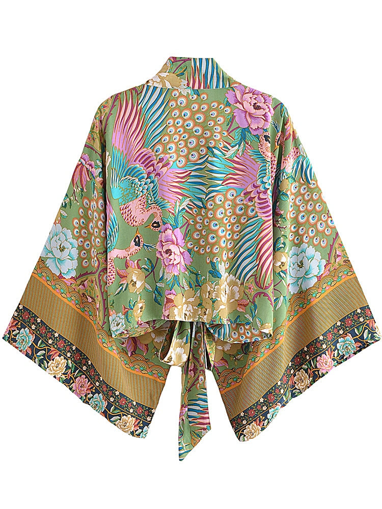 Peacock Boho Short Kimono Wrap Top