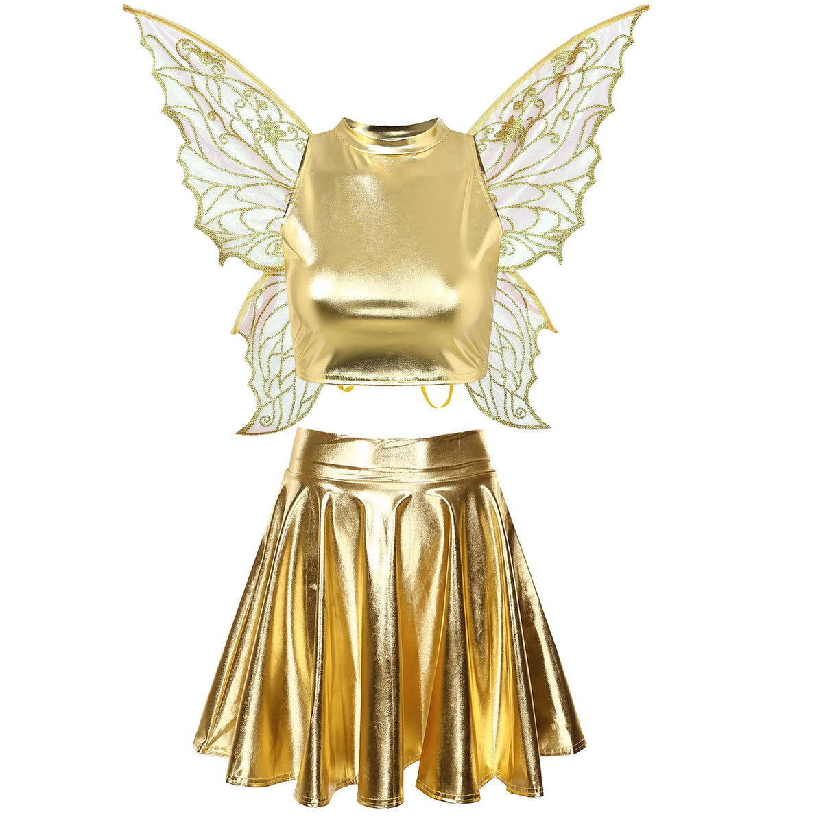Festival Fairy Cosplay Costume Sleeveless Crop Top, High Waist Flared Skirt And Butterfly Wings Set