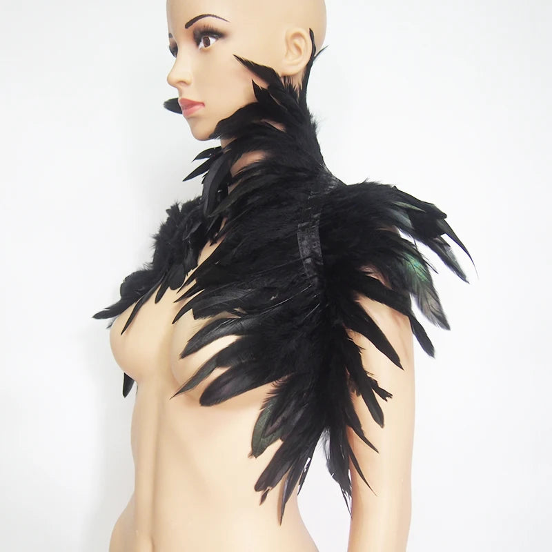 Black Rooster Feather Shrug Gothic Collar with Ribbon Ties