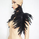 Black Rooster Feather Shrug Gothic Collar with Ribbon Ties