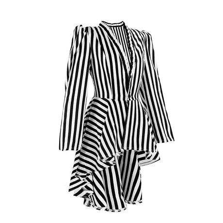 Womens Circus Ringmaster Lion Tamer Cosplay Costume Steampunk Victorian Irregular BW Stripes Coat