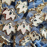 Set of Four Halloween Mini Enamel Pins Witchy Badge Bat Ghost and Candy Corn Glitter Brooches