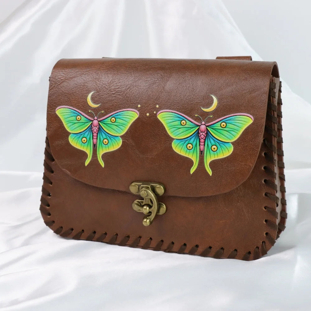 Luna Moths Fairy Printed Faux Leather Belt Pouch Medieval Elf Renaissance Wizard Cosplay Coin Purse