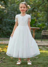 Girl's Beaded Lace Tassel White Tulle Special Occassion Dress