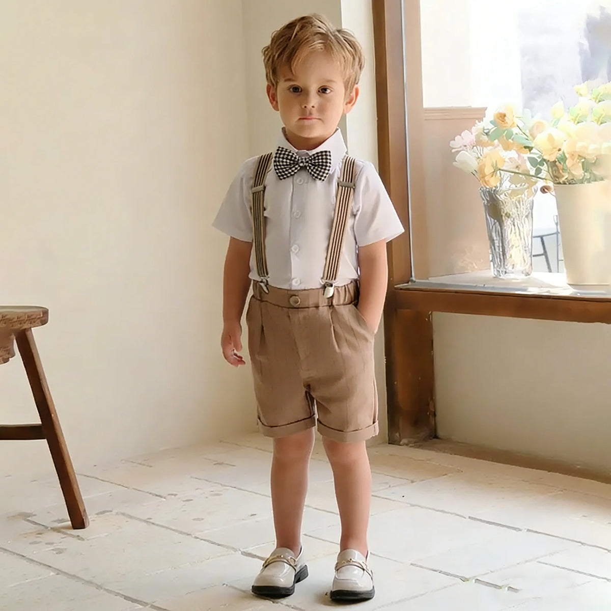 Summer Boys Shorts Suit Toddler Boys Formal Suspender Bowtie Trousers Suit 2-8 Years