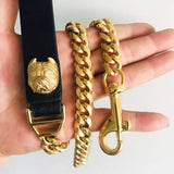 French Bulldog Dog Leash 14mm Cuban Chain Genuine Leather Stainless Steel Pet Accessories