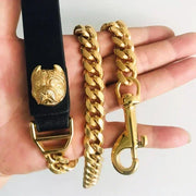 French Bulldog Dog Leash 14mm Cuban Chain Genuine Leather Stainless Steel Pet Accessories
