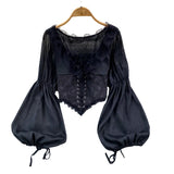French Court Blouse Chiffon Lace Lace-up Top