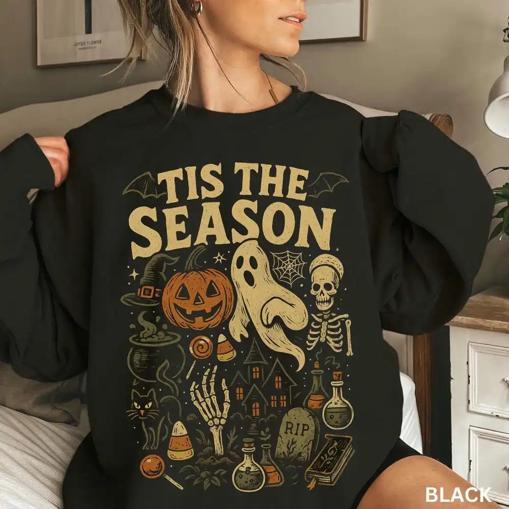 Halloween Sweatshirt Tis' the Season Pumpkin Ghost Fleece Sweater Pullover Jumper