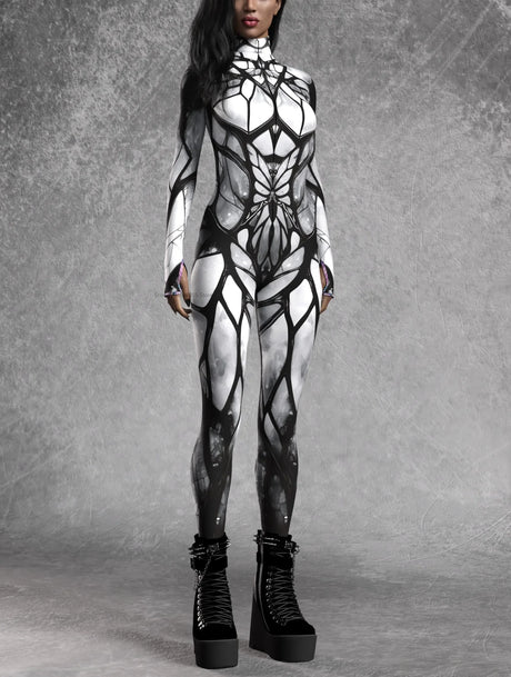 Gothic Stained Glass Full Moon Bodycon Jumpsuit Halloween Party Wear Rave Cosplay Costume Festival  Fit