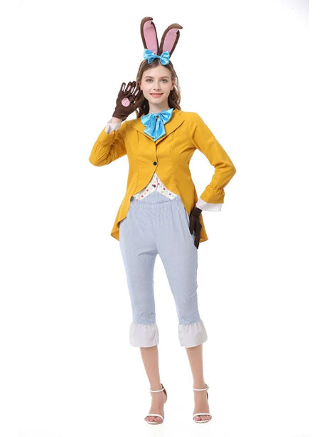 Women's Gentleman Rabbit Cosplay Costume Halloween Carnival Party Stage Performance Set With Bunny Ear Headwear Bow Tie Gloves