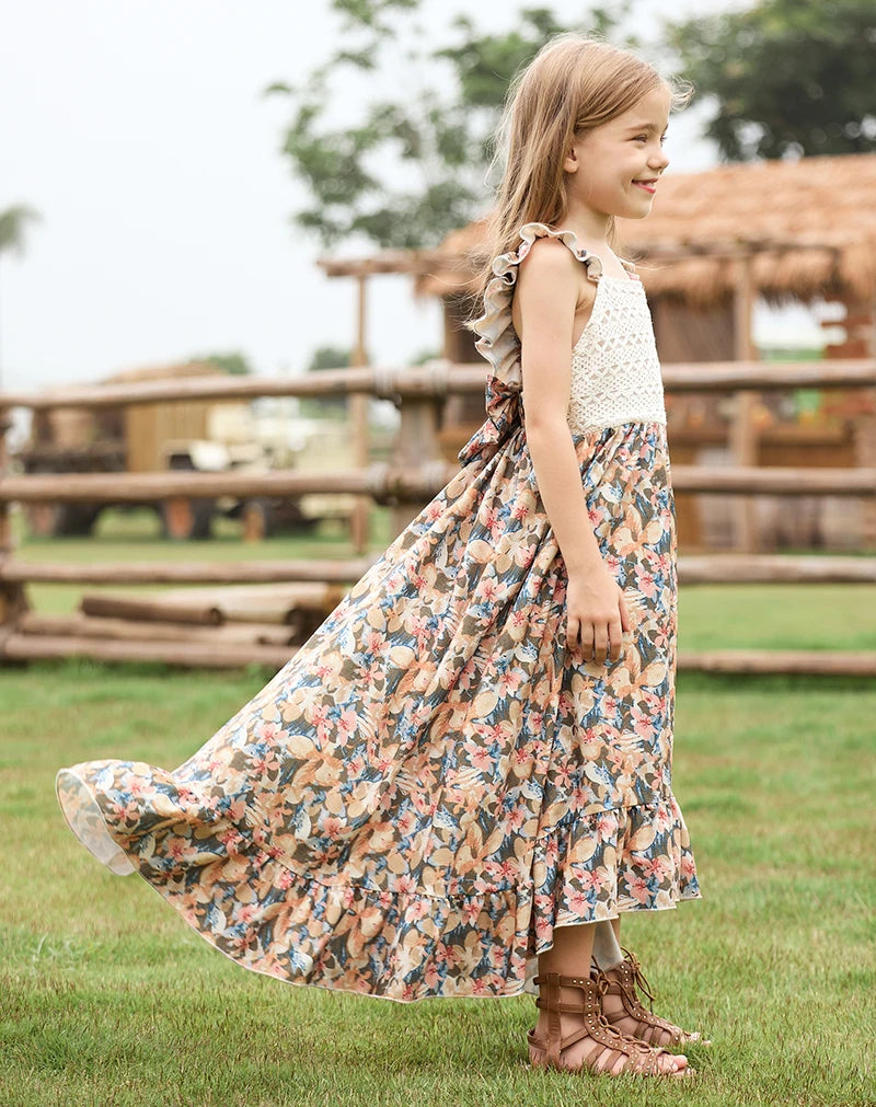 Girls Floral Bow Ruffle Edge Photoshoot Worthy Maxi Dress for 4-12 Years