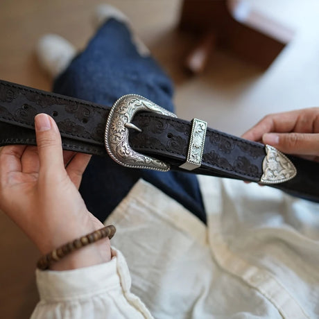 Bobby Ray's Genuine Leather Western Cowboy Court Style Embossed Steel Buckle Belt