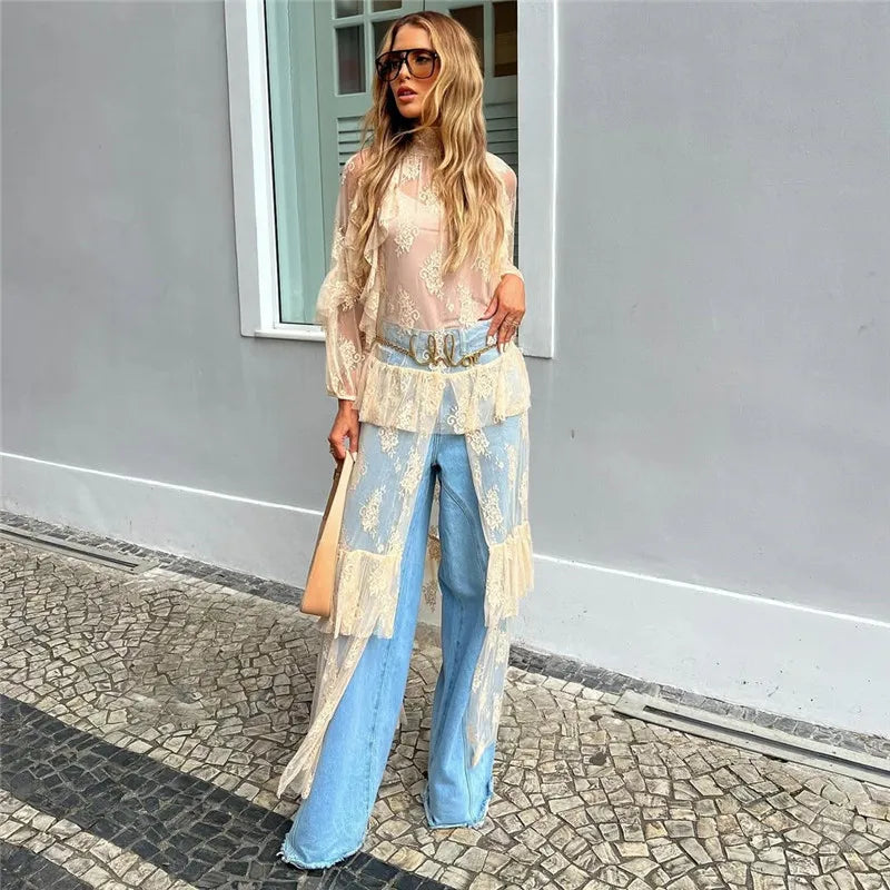 Eve's Long Sleeve Lace Duster See Through Mesh Short Front Long Back Asymmetrical Cover Ups