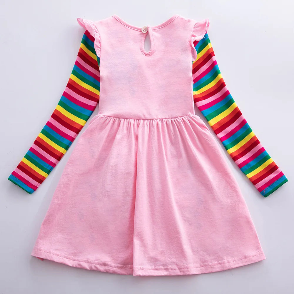 Girls' Long Sleeve Unicorn Dress Two Pockets Rainbow Sleeves
