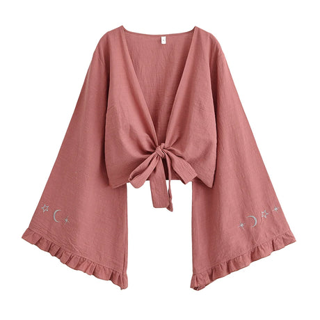 Boho Star Moon Embroidered Short Kimono Wrap Top Ruffled Flare Sleeves Cover-ups