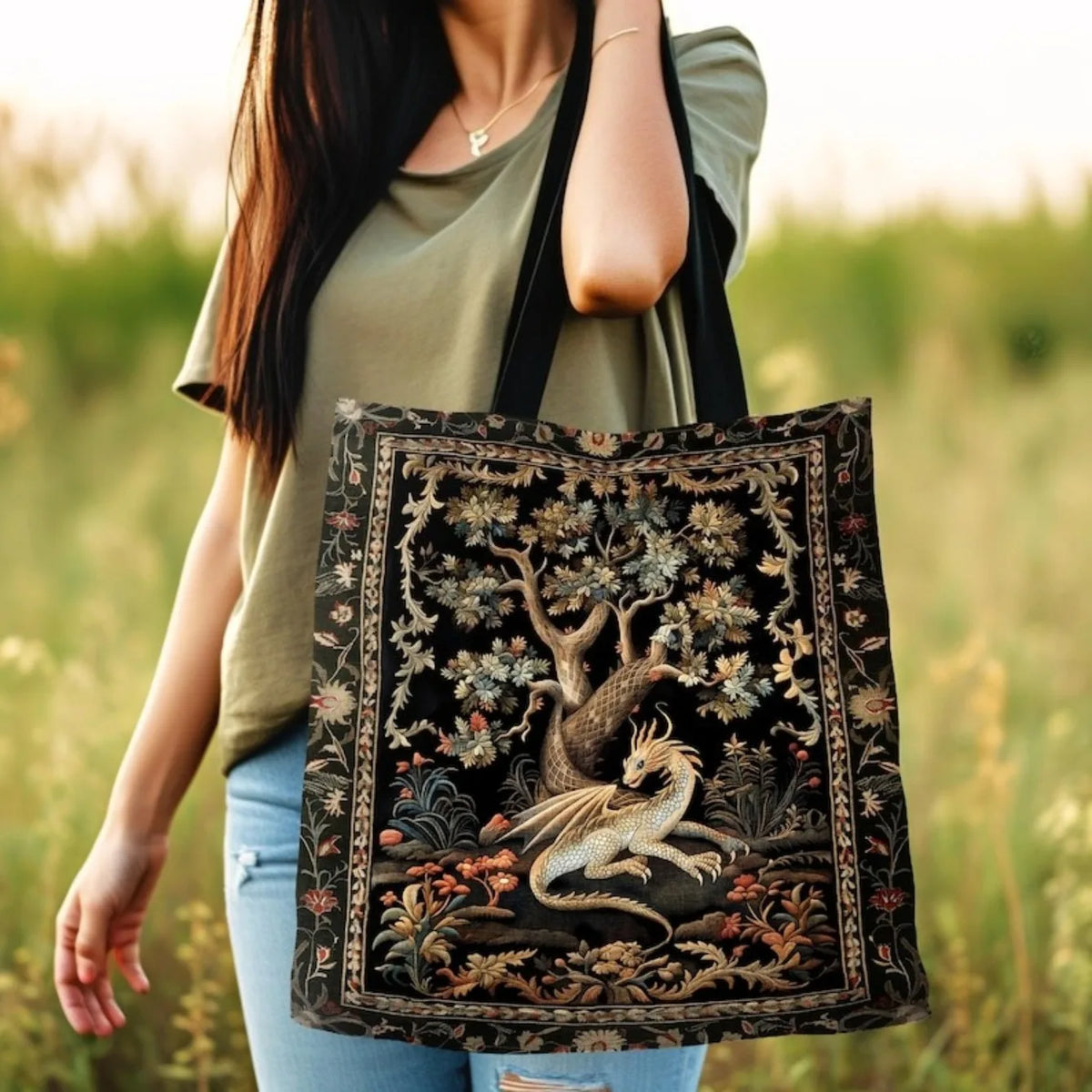 Fantasy Inspired Dragon Tote Bag Fairy Tale Magic Forest Core Book Bag