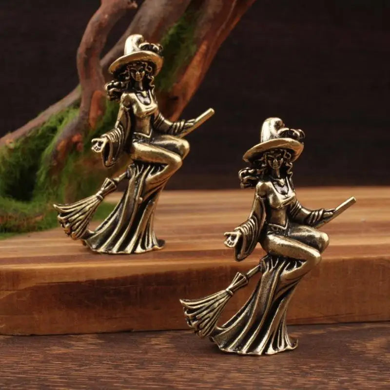 Brass Witch on Broom Figurine Tea Pet