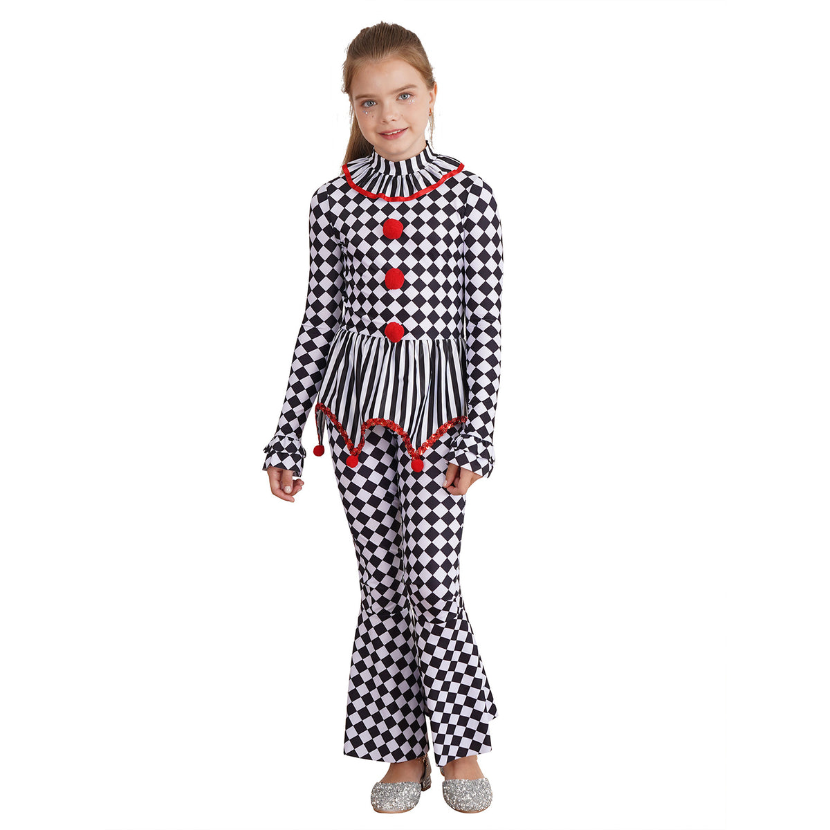 Kids Girls Halloween Harlequin Circus Clown Cosplay Costume Pom Poms Checkerboard Jumpsuit