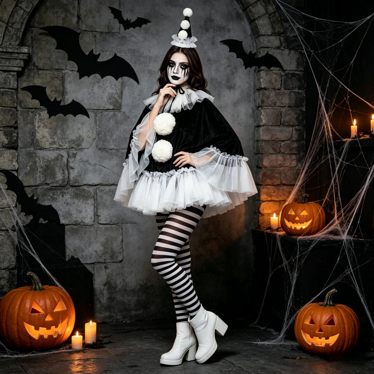 Women Pierrot Clown Costume 3Pcs Halloween Clown Cosplay Set