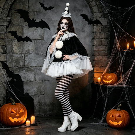 Women Pierrot Clown Costume 3Pcs Halloween Clown Cosplay Set