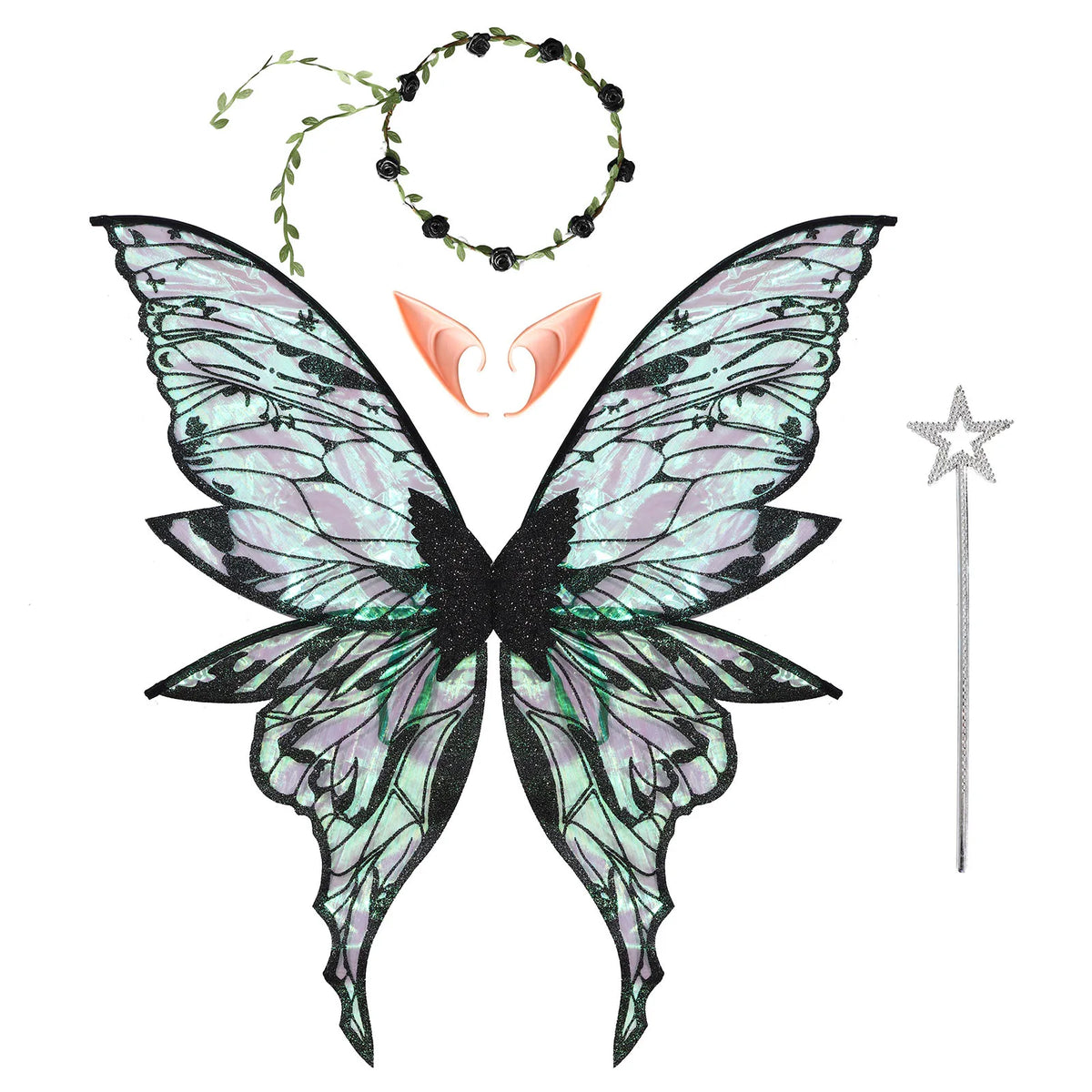 Fairy Elf Costume Wings, Ears, Wand and Hair Wreath Sets