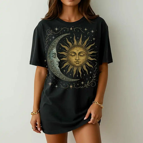 Boho Celestial Moon and Radiant Sun Cotton T-shirt