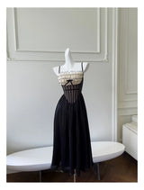 Justine's French Black Lace Sling Spliced Ruffles Bandage Backless Dress