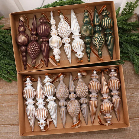9PCS/SET Christmas Hanging Ornaments Gold‑brushed Plastic With Satin Ribbon