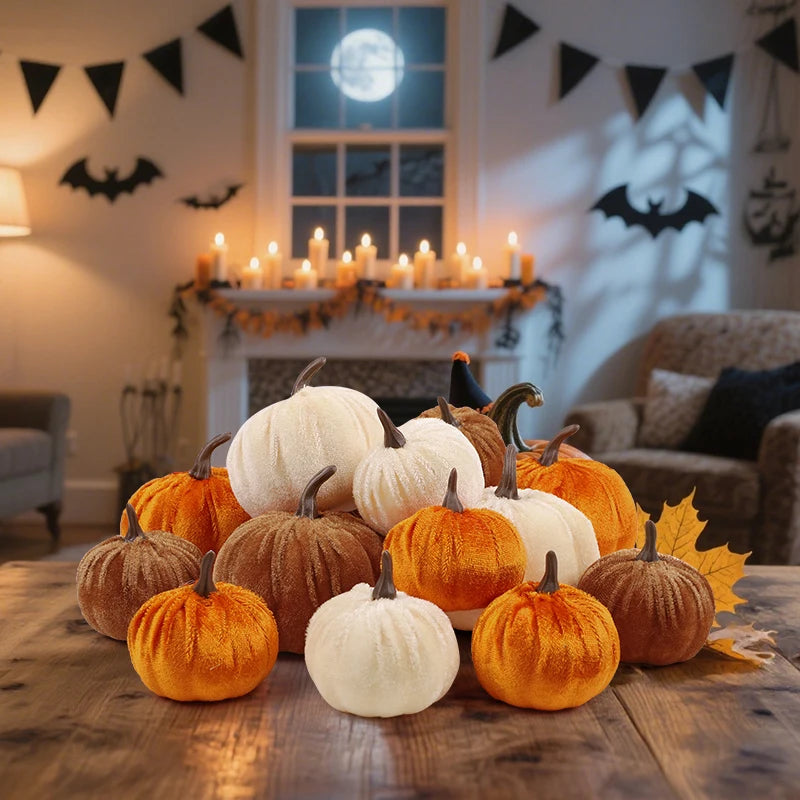 9pcs Velvet Artificial Pumpkins 3 Size Mixed Halloween Party Thanksgiving Home Table Decoration Autumn Fall Decor
