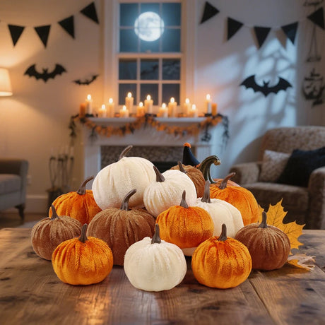 9pcs Velvet Artificial Pumpkins 3 Size Mixed Halloween Party Thanksgiving Home Table Decoration Autumn Fall Decor