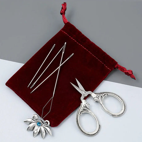 Antique Style Stainless Steel Sewing Box with Scissors, Needles, Threader and Thimble