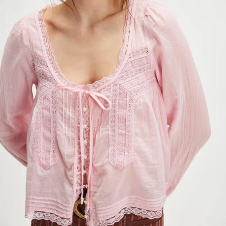Y2K Boho Long Sleeve Lace Patchwork Button-down Tops 100% Cotton