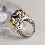 The Weaver's Treasures S925 Sterling Silver Rings Golden Leaves Natural Amethyst Tourmaline