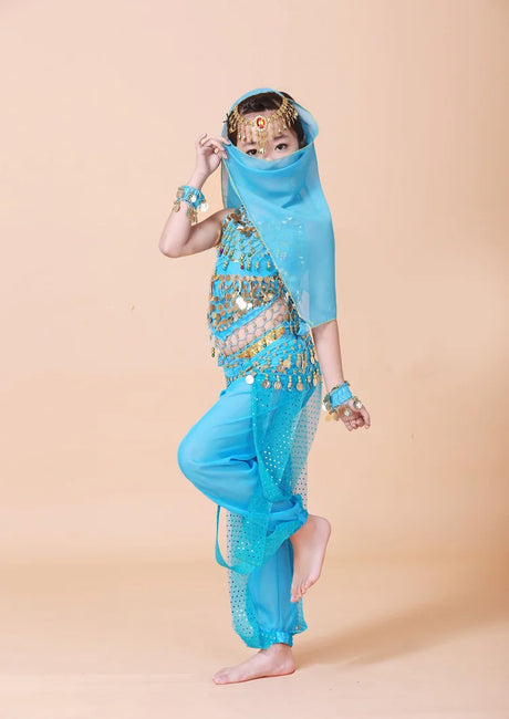 Girl's Stage Performance Chiffon Belly Dance Costume 7pcs Sets Kids Dancing Outfits