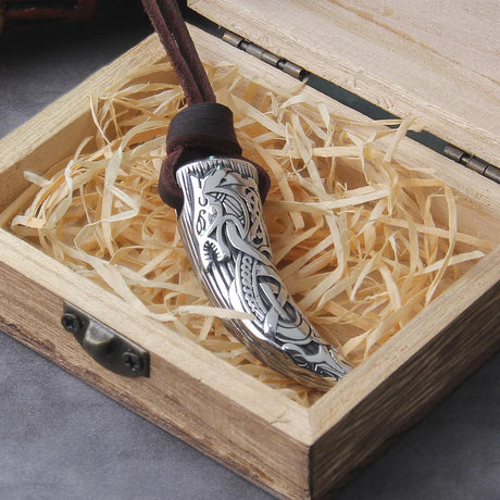 Viking Wolf Fang Stainless Steel Pendant Necklace For Men with Wooden Gift Box