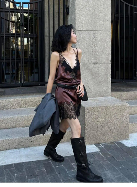 90s Lace Slip Dresses Vintage Silky Deep V-neck Dainty Punk Rock Grunge