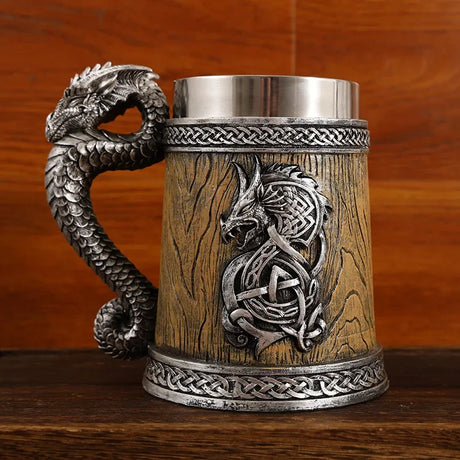Dragon Beer Mug Coffee Cup Stainless Steel Resin Wooden Barrel Drinkware 600ml