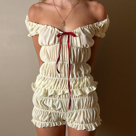Cottagecore 2 Piece Set Lounging Wear Ruched Off Shoulder Crop Tops + Shorts Kawaii Pyjamas