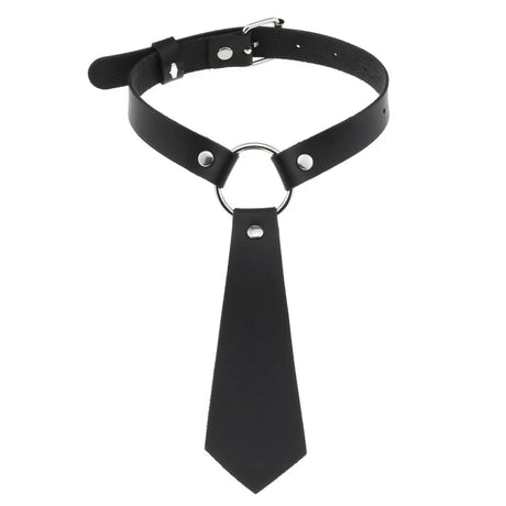 Imitation Leather Black Neck Tie Punk O-Ring Studded Choker Necklace