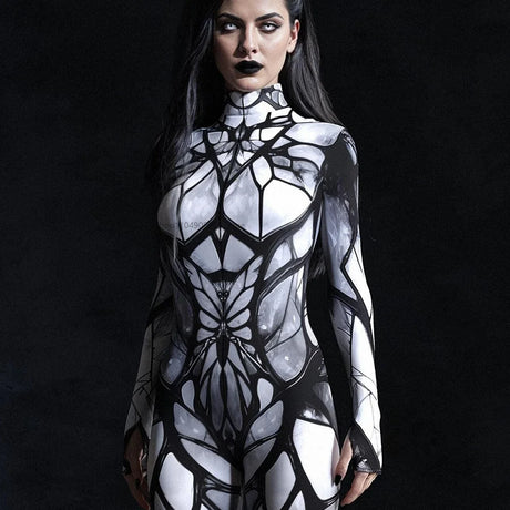 Gothic Stained Glass Full Moon Bodycon Jumpsuit Halloween Party Wear Rave Cosplay Costume Festival  Fit