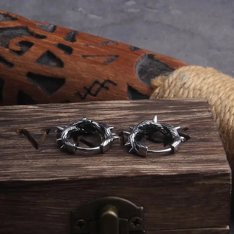 Gothic Thorns Stainless Steel Huggie Hoop Earrings for Men with Wooden Box