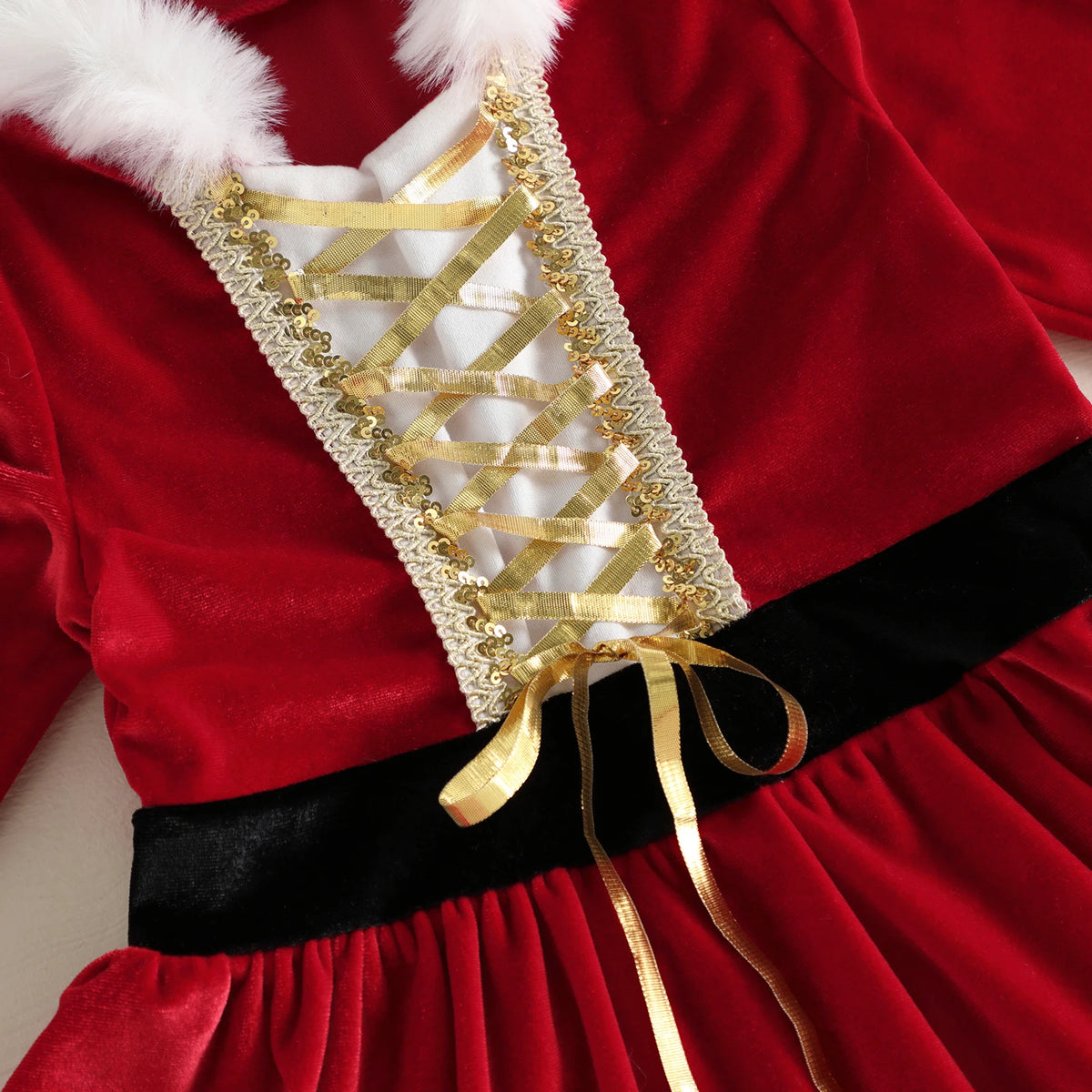 Girl Christmas Hood Dress 1-6Y Toddler Long Sleeves Cross Tie Winter Party Dress