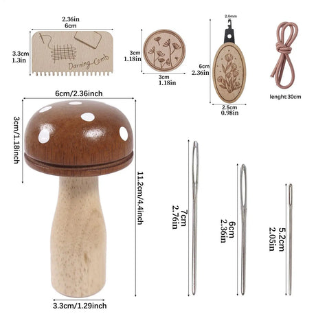 Wooden Mushroom Darning Kit Loom Complete Craft Supplies Sock Repair Kit Mending Tool For Embroidery DIY Crafts Clothes Fabric