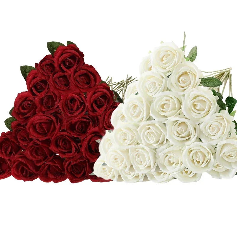 50 Pcs Velvet Roses Artificial Flowers Real Touch Fake Roses Valentine's DIY Wedding Bouquet Home Decor
