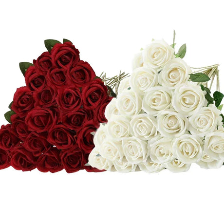 50 Pcs Velvet Roses Artificial Flowers Real Touch Fake Roses Valentine's DIY Wedding Bouquet Home Decor