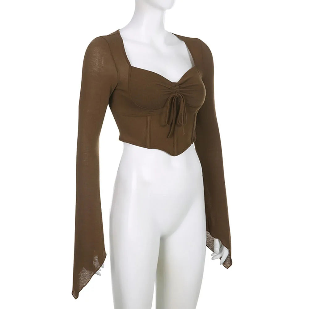 Y2k Chocolate Brown Flare Sleeve Top Matching Grunge Skirt