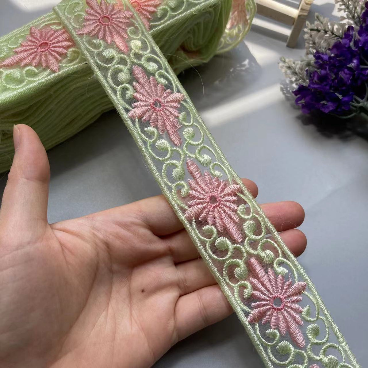 Pale Green & Pinks Embroidered Lace Ribbon DIY Crafts 1 Yard 5cm