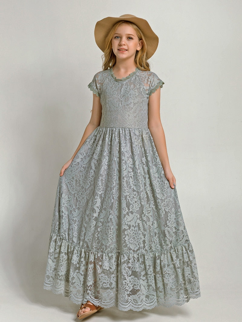 Girls Flower Girl Dress Lace Cotton Maxi Dresses