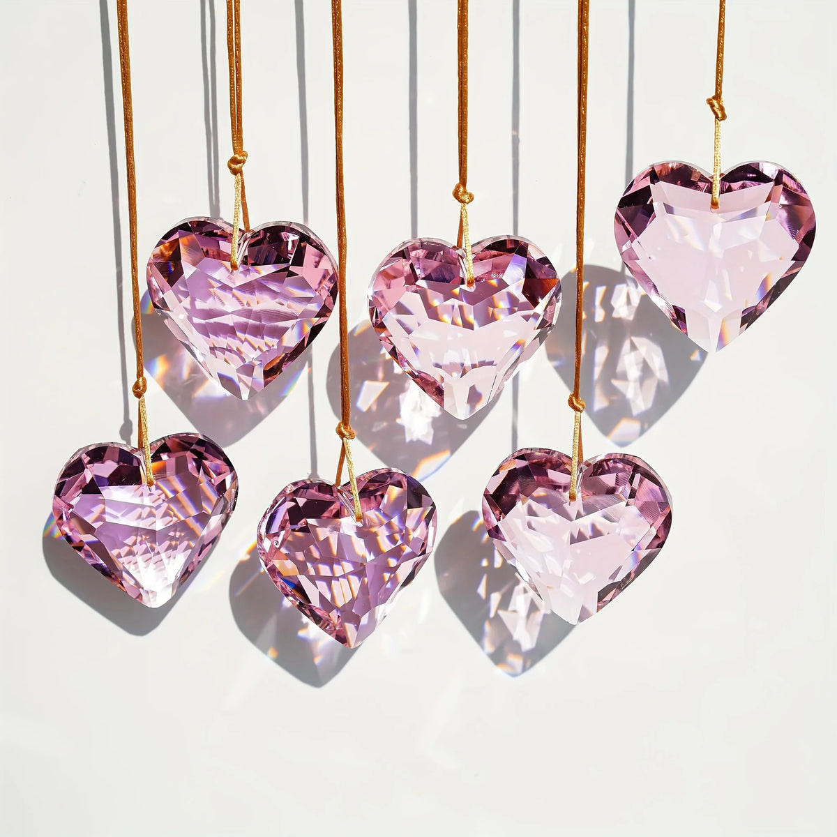 Set of Six Pink Heart-Shaped Crystal Hanging Ornaments